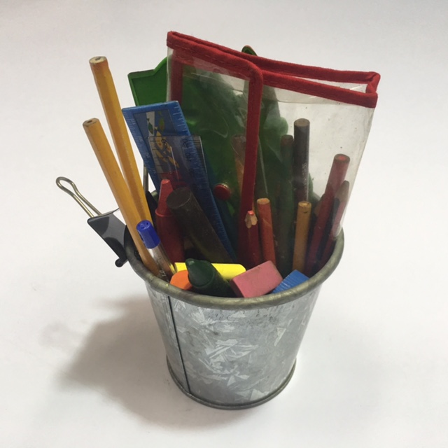 PENCIL CADDY, Small Galvanised Bucket With Pencils